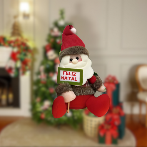 Enfeite Papai Noel e Boneco de Neve Sentados com Placa "Feliz Natal"