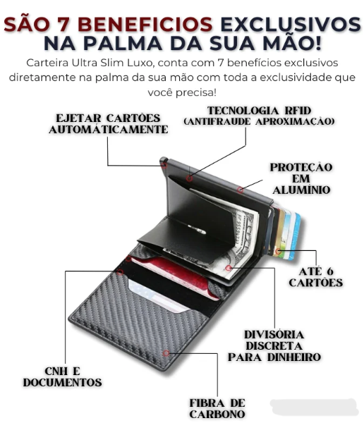 Carteira Fibra De Carbono Porta-Cartões Masculina Marca Preta Mágica Tripla De Couro