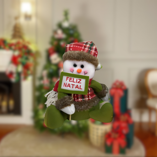 Enfeite Papai Noel e Boneco de Neve Sentados com Placa "Feliz Natal"