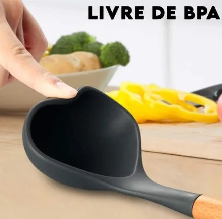 Kit Utensílios de Cozinha Silicone com Cabo de Madeira - 12 Peças