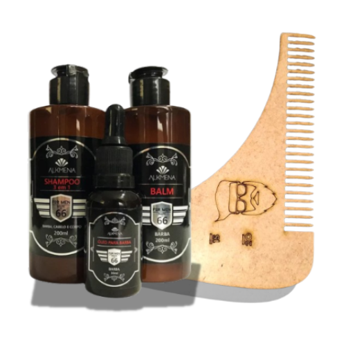 Kit Completo de Cuidados para Barba -  Balm, Óleo, Shampoo 3 em 1 e Pente de Madeira com Medidor para Ajuste de Corte - For Men