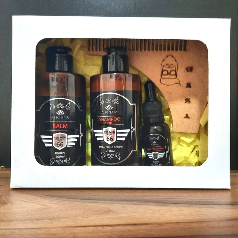 Kit Completo de Cuidados para Barba -  Balm, Óleo, Shampoo 3 em 1 e Pente de Madeira com Medidor para Ajuste de Corte - For Men