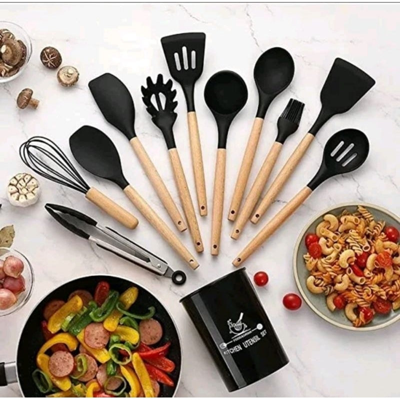 Kit Utensílios de Cozinha Silicone com Cabo de Madeira - 12 Peças