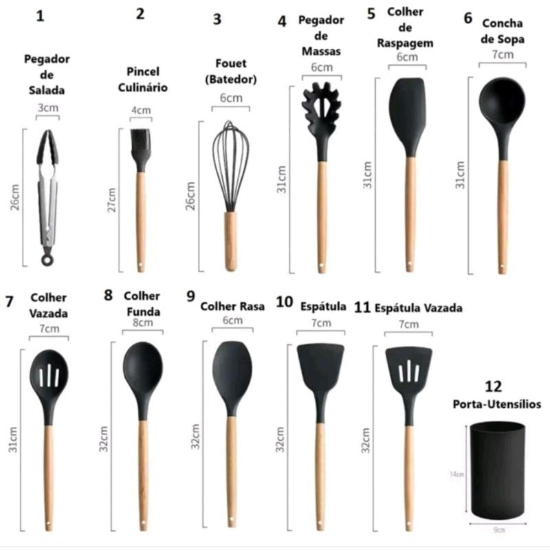 Kit Utensílios de Cozinha Silicone com Cabo de Madeira - 12 Peças