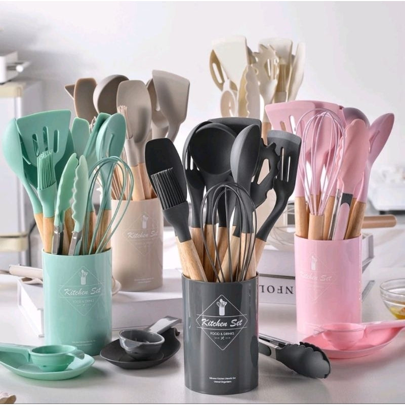 Kit Utensílios de Cozinha Silicone com Cabo de Madeira - 12 Peças