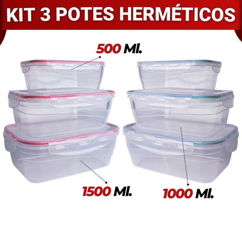 Kit 3 Potes Herméticos de Plástico com Lacre Trava e Alta Vedação de Silicone - Zentter